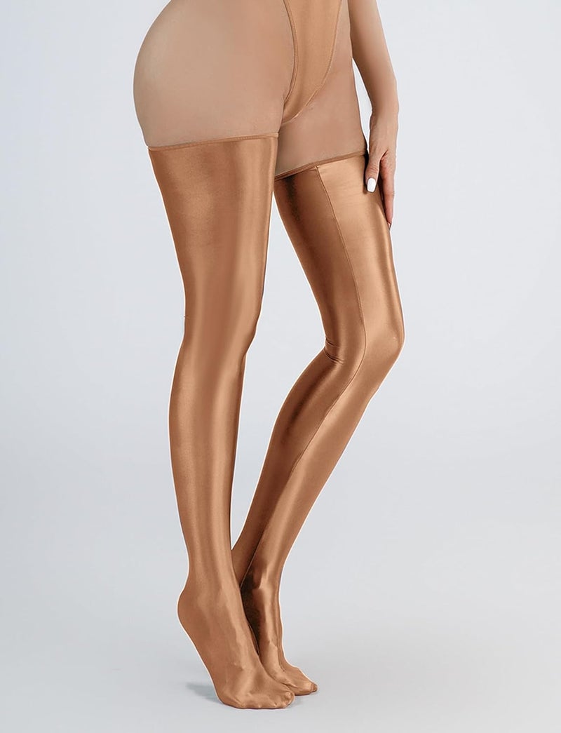FEOYA Women’s Oil Glossy Thigh High Stockings Shiny Sheer Stockings Silky Smooth Over Knee Socks - Image 2